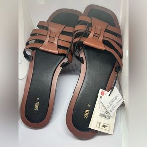 Zara NWT Brown Genuine Leather Flat Sandals